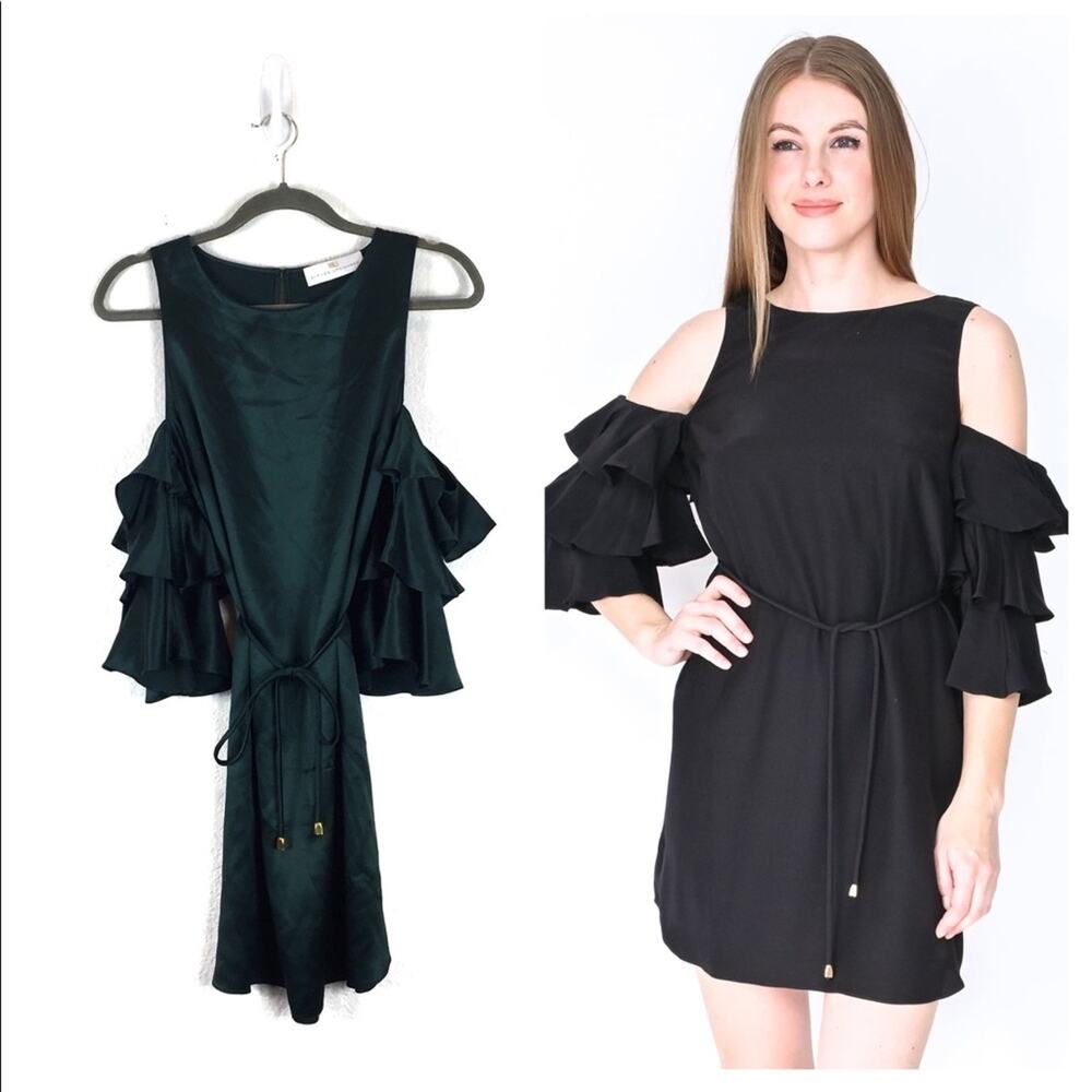 Amanda Uprichard 100% Silk Mini Dress Small Ruffled Cut Out Shoulder Emerald